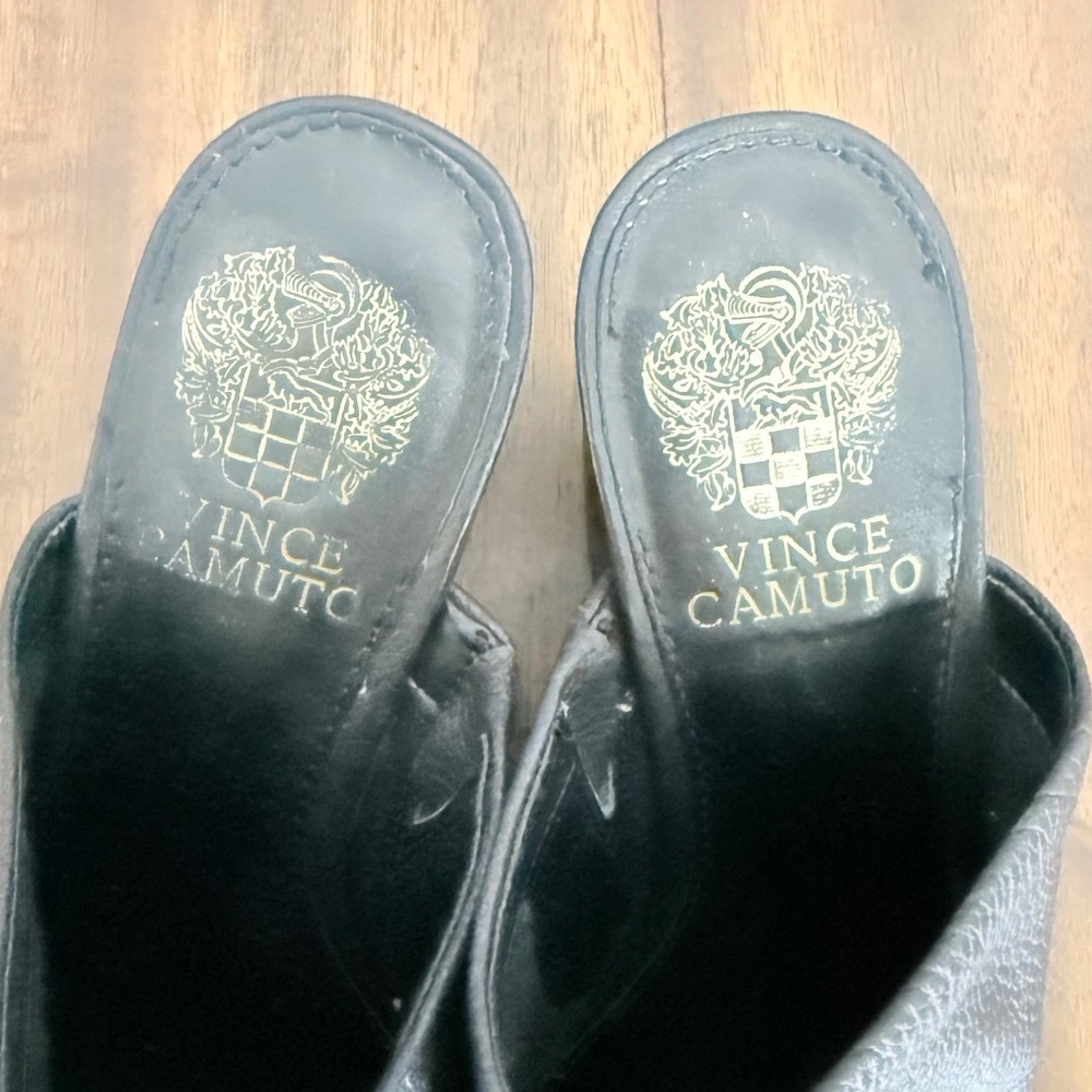 Vince Camuto Carlie Black Pebbled Leather Ruched Pointed Toe Block Heel Mules 8M - Picture 10 of 11